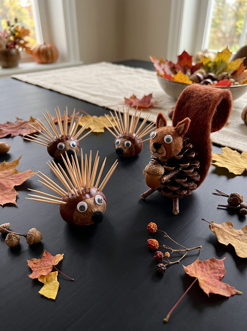 Herfstdieren knutselen met kastanjes en dennenappels, egels en eekhoorn