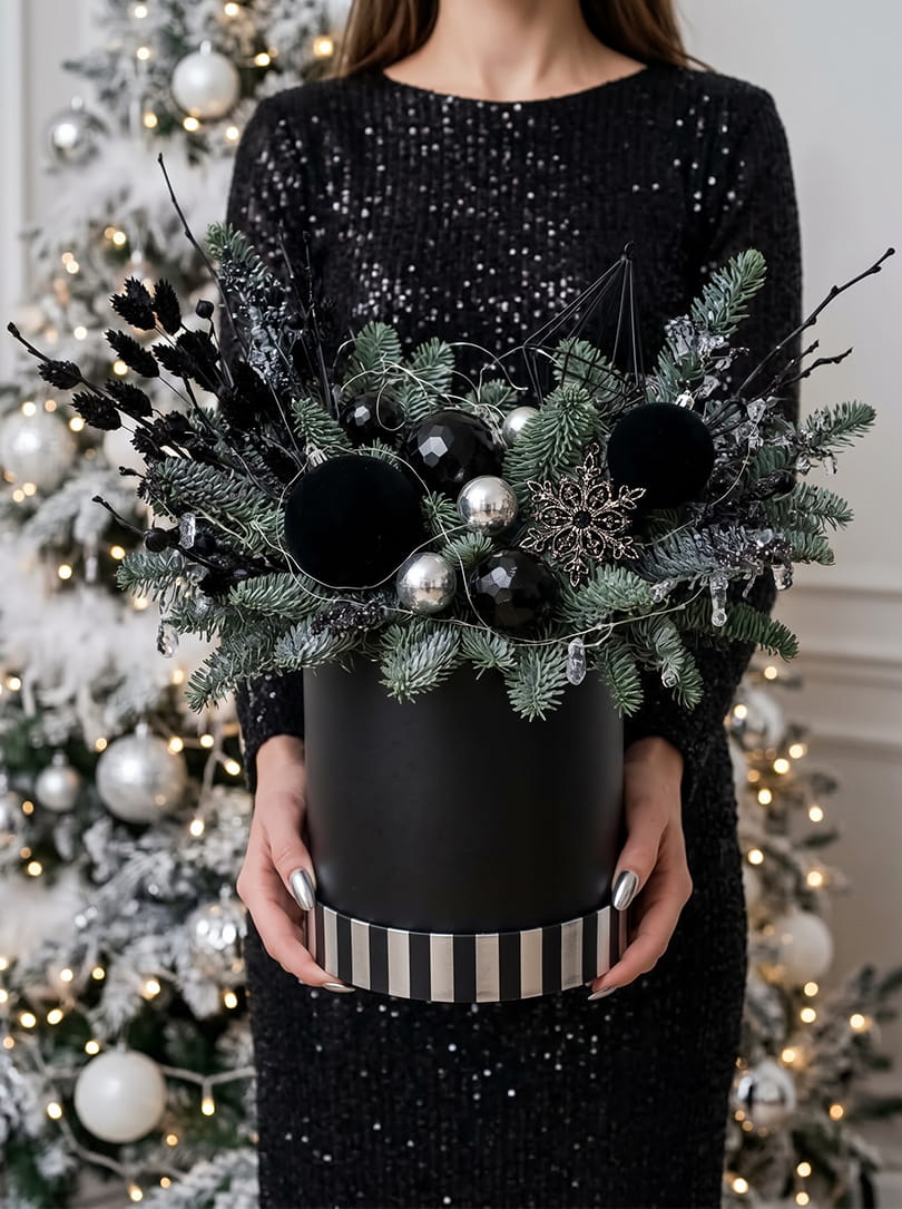 Kerstboeket in een doos, zelf gemaakt kerststukje
