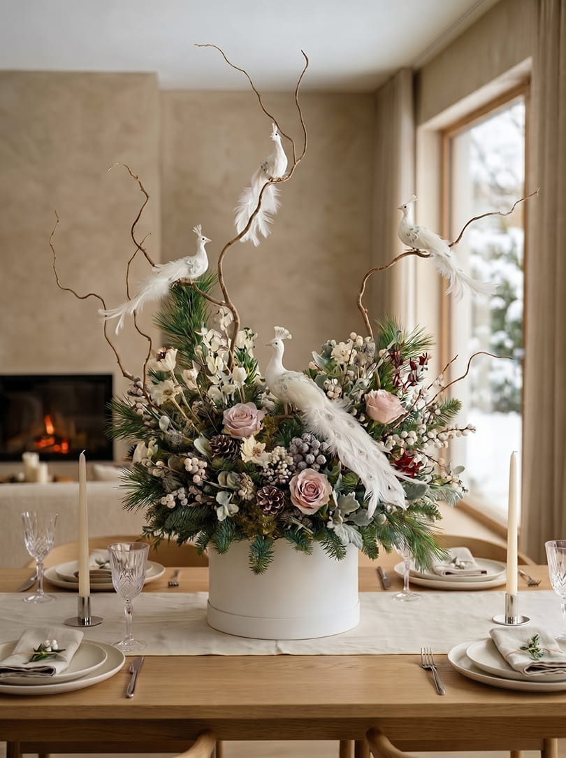 Prachtig kerststuk in een doos met pauwen, rozen