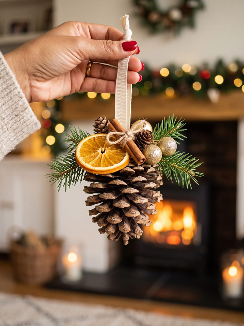 Hangend kerststukje dennenappel versieren