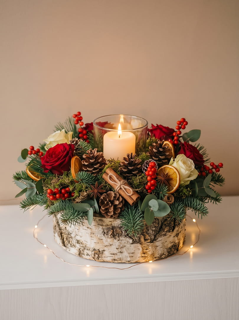 Kerststukje zelf maken op een boomstam