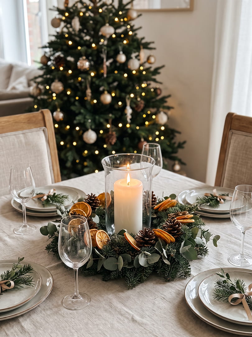 Kerstkrans als kerststukje op tafel