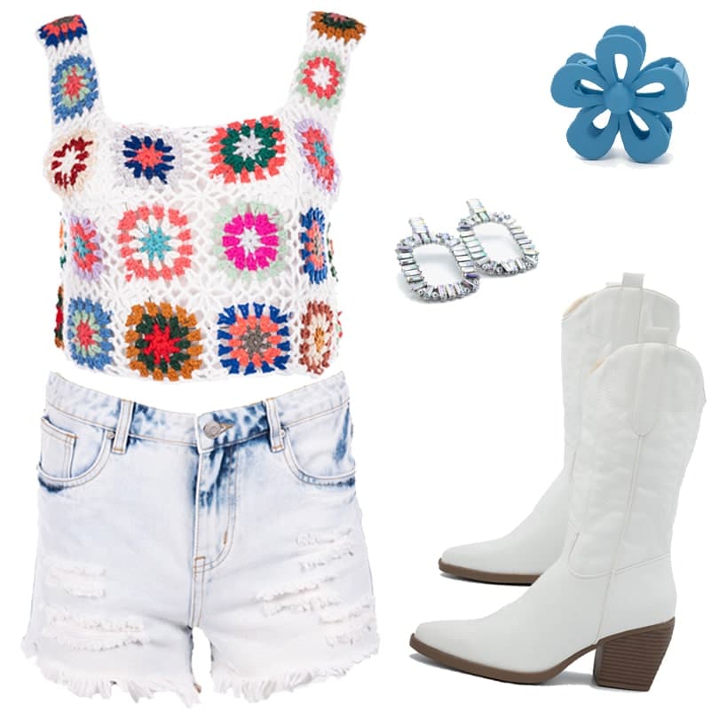 Een festival outfit warm weer met een crochet top, jeans short, witte cowboy boots, een bloem haarklem en twee zilveren statement oorbellen