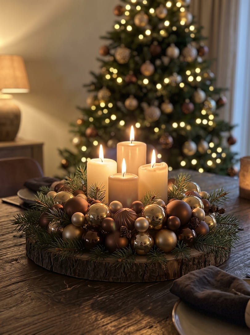 Kerstkrans van kerstballen op de eettafel tafel met kaarsen
