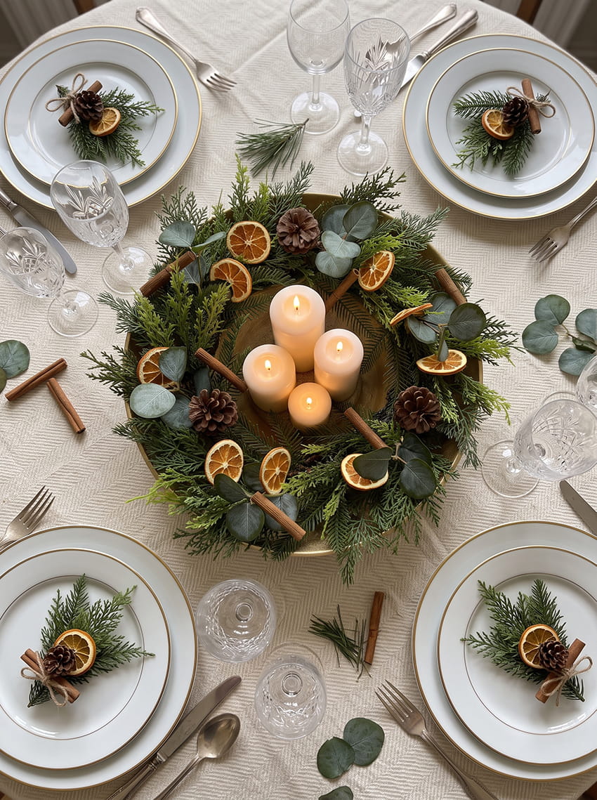 Kerstkrans op kersttafel met kaarsen