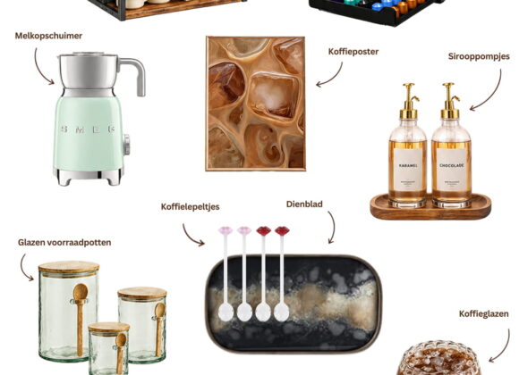 10 accessoires om je koffiehoek in te richten 1. Glazen potten voor koffie & suiker H2 2. Sirooppompjes voor je favoriete koffiesmaak H2 3. Kleurrijke koffiemokken H2 4. Koffieglazen voor cappuccino's of lattes H2 5. Een koffiecuphouder of koffielade H2 6. Een dienblad vormt één geheel H2 7. Mooie koffielepeltjes H2 8. Een melkopschuimer H2 9. Koffiemokkenrekje of organizer H2 10. Een leuke koffieposter