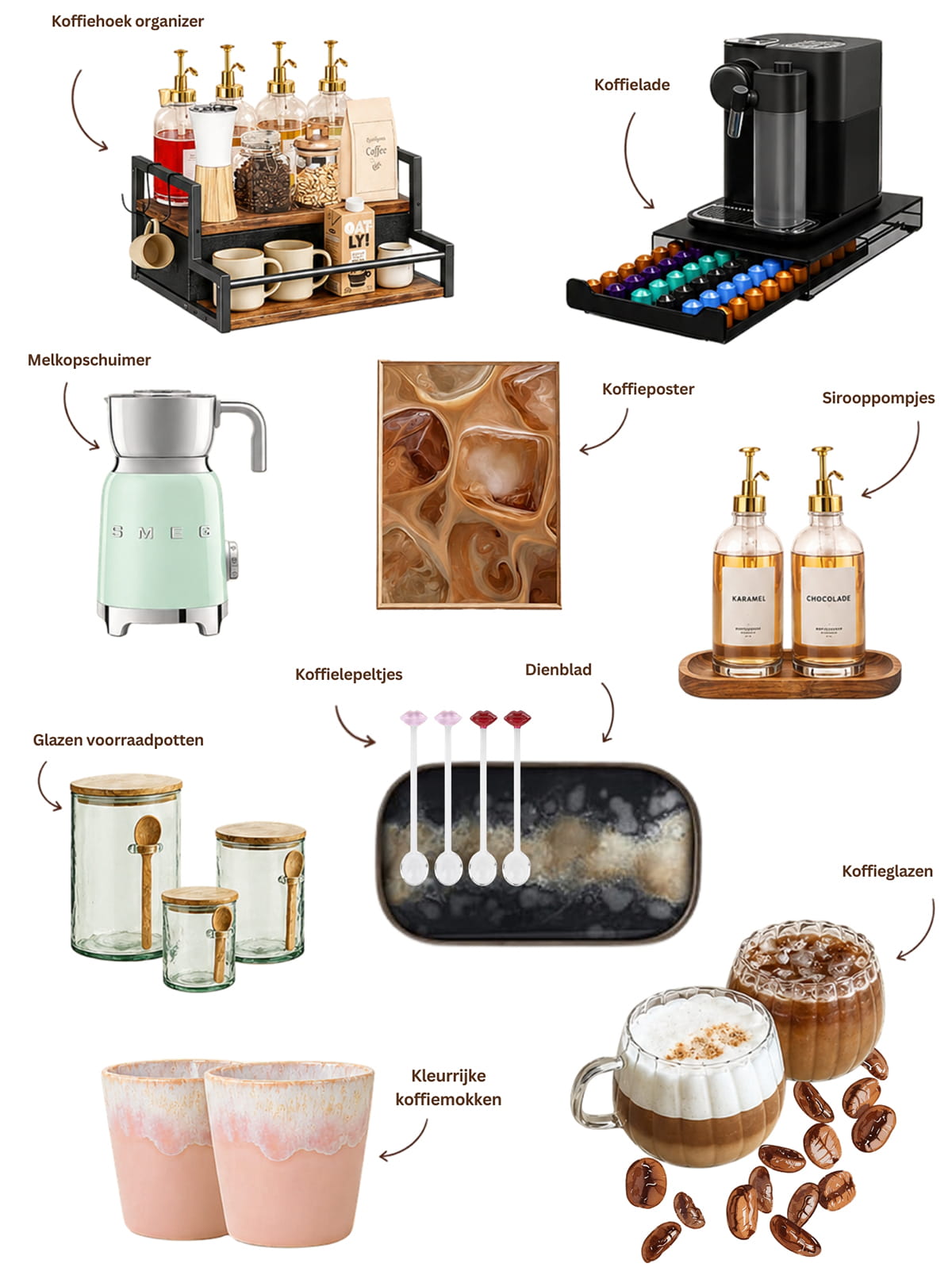 10 accessoires om je koffiehoek in te richten 1. Glazen potten voor koffie & suiker H2 2. Sirooppompjes voor je favoriete koffiesmaak H2 3. Kleurrijke koffiemokken H2 4. Koffieglazen voor cappuccino's of lattes H2 5. Een koffiecuphouder of koffielade H2 6. Een dienblad vormt één geheel H2 7. Mooie koffielepeltjes H2 8. Een melkopschuimer H2 9. Koffiemokkenrekje of organizer H2 10. Een leuke koffieposter