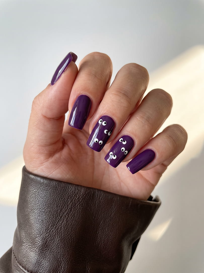 Halloween nagels paars met oogjes