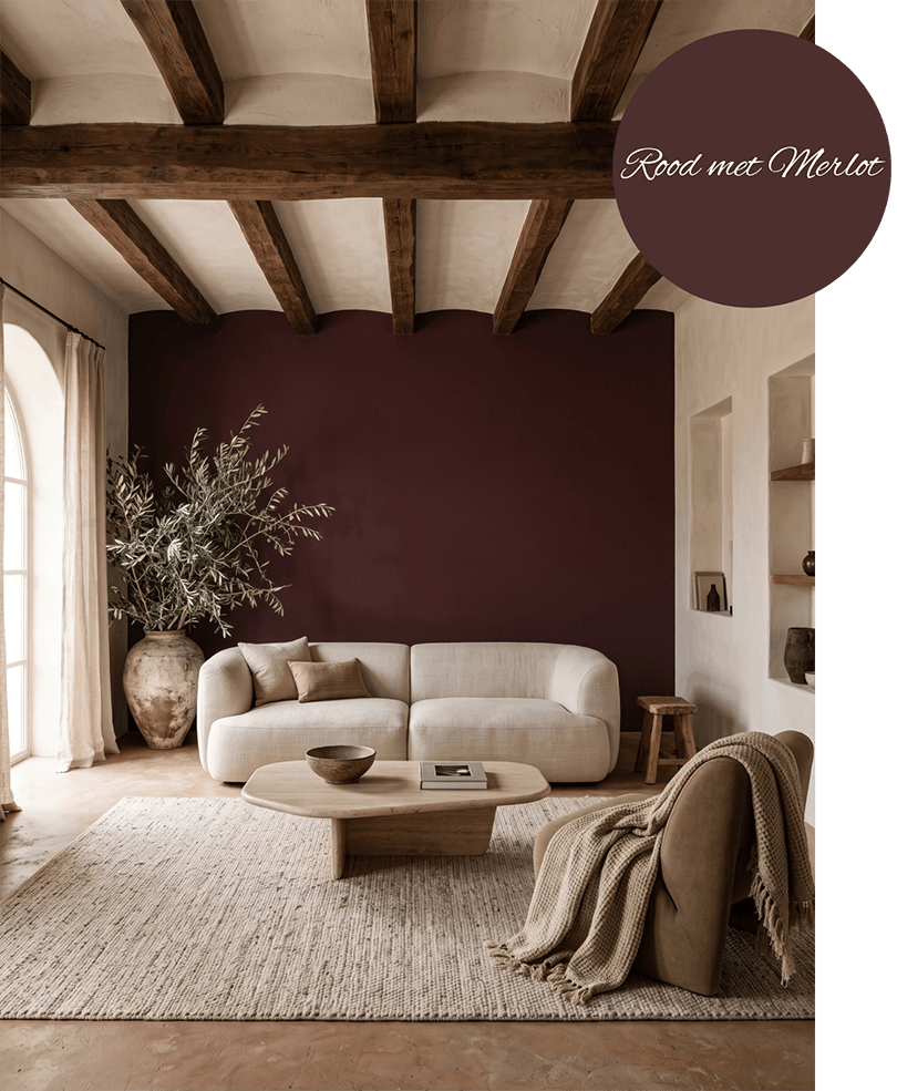 Rood met Merlot van MissPompadour, mooie burgundy muurverf woonkamer mediterraans